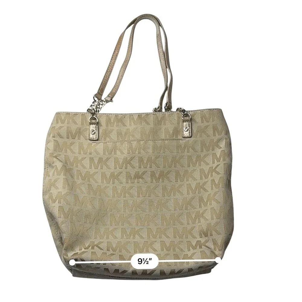 Michael Kors Double Strap Jet Set Monogram Tan Chain Tote Handbag - Picture 9 of 15